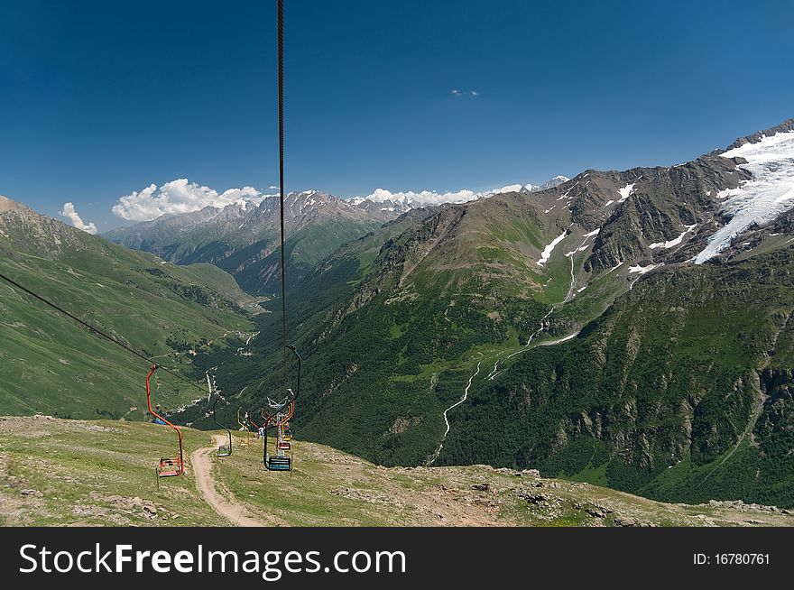 Sky lift on mountain Tcheget. A kind on Baksansky gorge. The North Caucasus. Russia