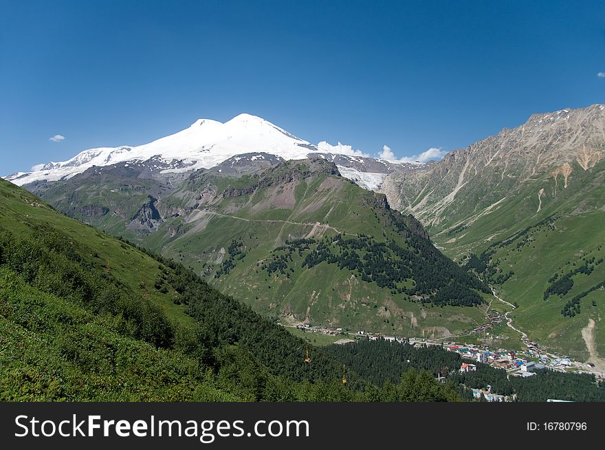 Snow tops of Elbrus in mountains of the North Caucasus. Russia