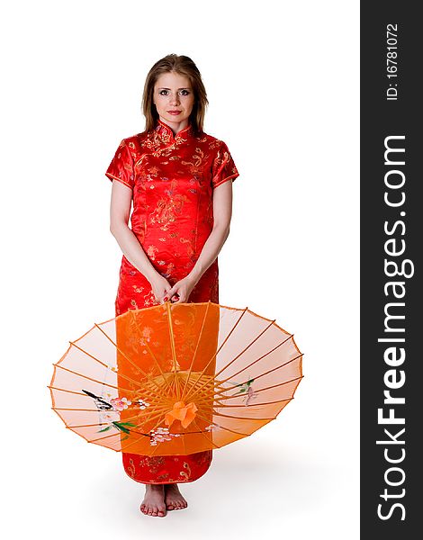 China-style woman in red dress with parasol