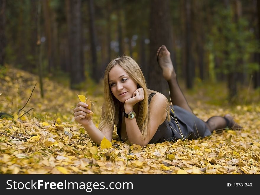 Beautiful girl on yellow leaves. Beautiful girl on yellow leaves