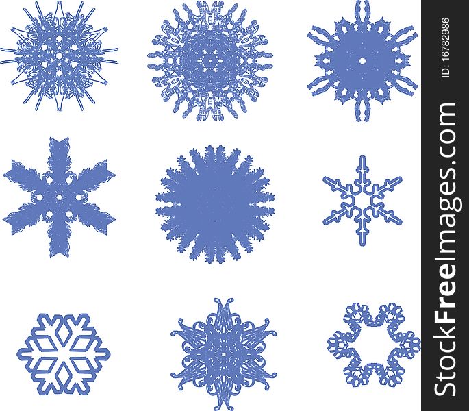 Six beautiful snowflakes on a white
