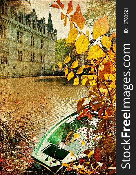 Pictorial autumn scene with castle and old boat - artwork in painting style. Pictorial autumn scene with castle and old boat - artwork in painting style