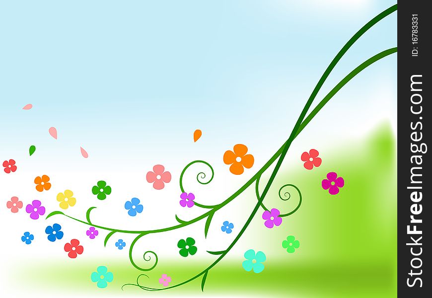 Vector illustration. Abstract color flowers with curly branches and green background