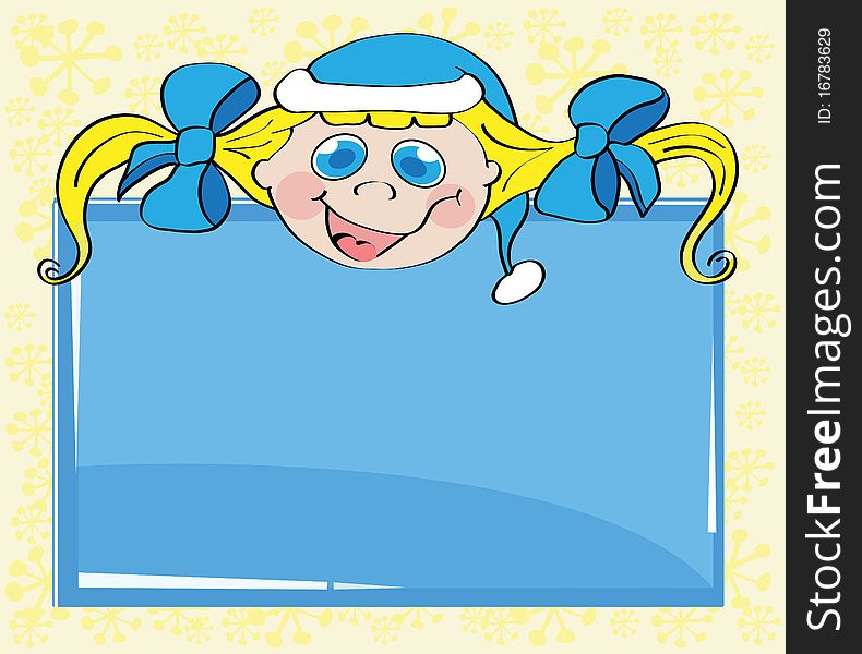The girl's face and a card on which you can write a greeting on Christmas and New Year. The girl's face and a card on which you can write a greeting on Christmas and New Year