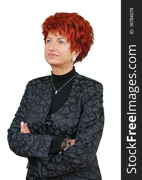 Studio portrait of attractive adult businesswoman looking up