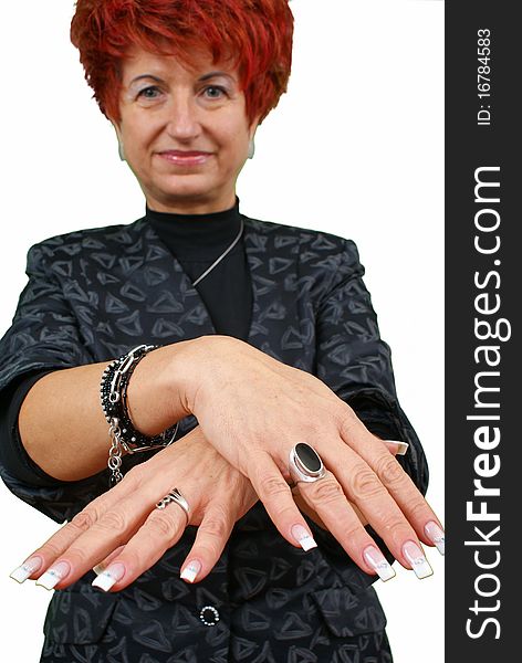 Woman showing her nails on white background