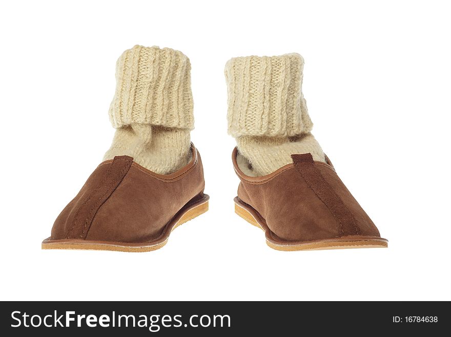 Isolated brown wool comfortable slippers