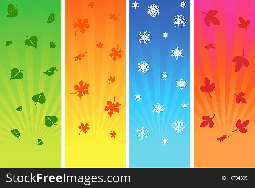 Autumnal leafs and snowflakes on multicoloured backgrounds. Autumnal leafs and snowflakes on multicoloured backgrounds