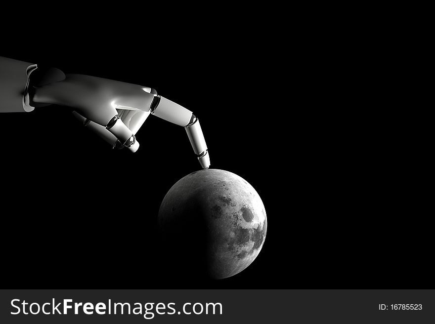 Cyborg hand playing with moon on a black background