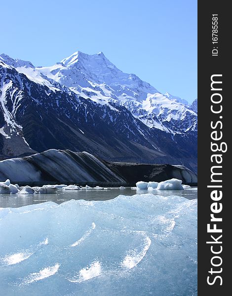 Icebergs floating in the Tasman lake with Aoraki/Mt Cook in the background. Icebergs floating in the Tasman lake with Aoraki/Mt Cook in the background.