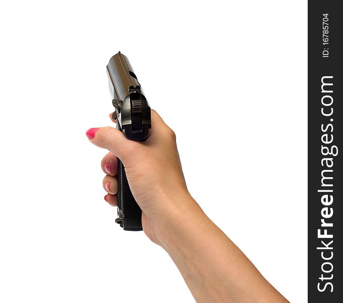 Female hand with a pistol it is isolated on a white background. Female hand with a pistol it is isolated on a white background.