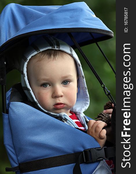 16 months old baby boy in backpack carrier. 16 months old baby boy in backpack carrier