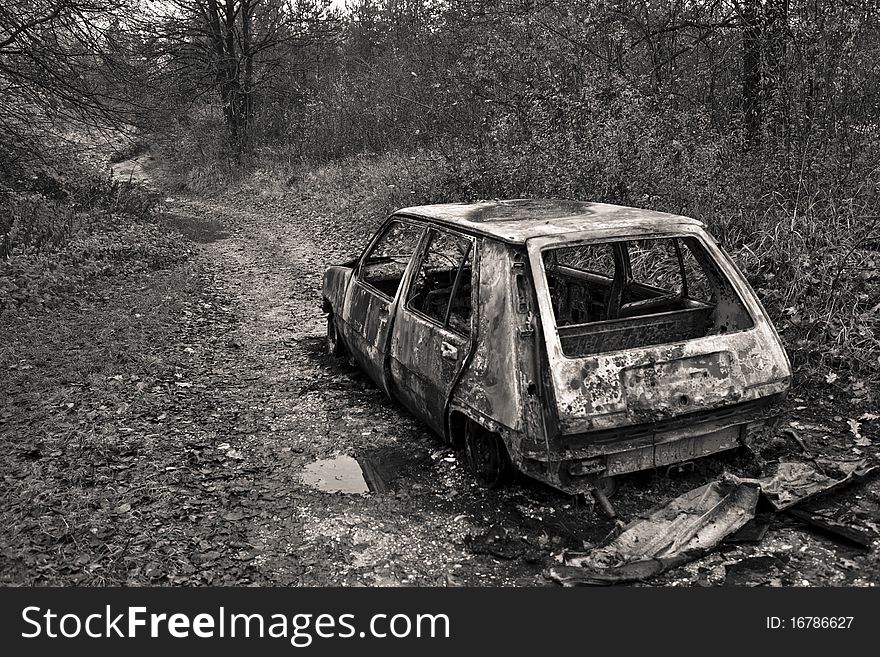 Burnt car in the forest somewhere near my home. Burnt car in the forest somewhere near my home