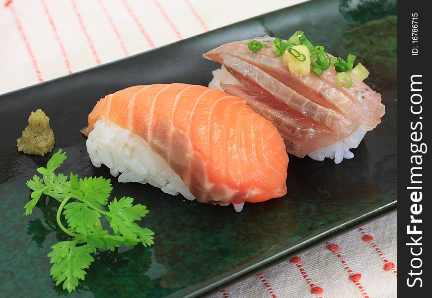Japanese food, sushi-salmon and horse mackerel dish
