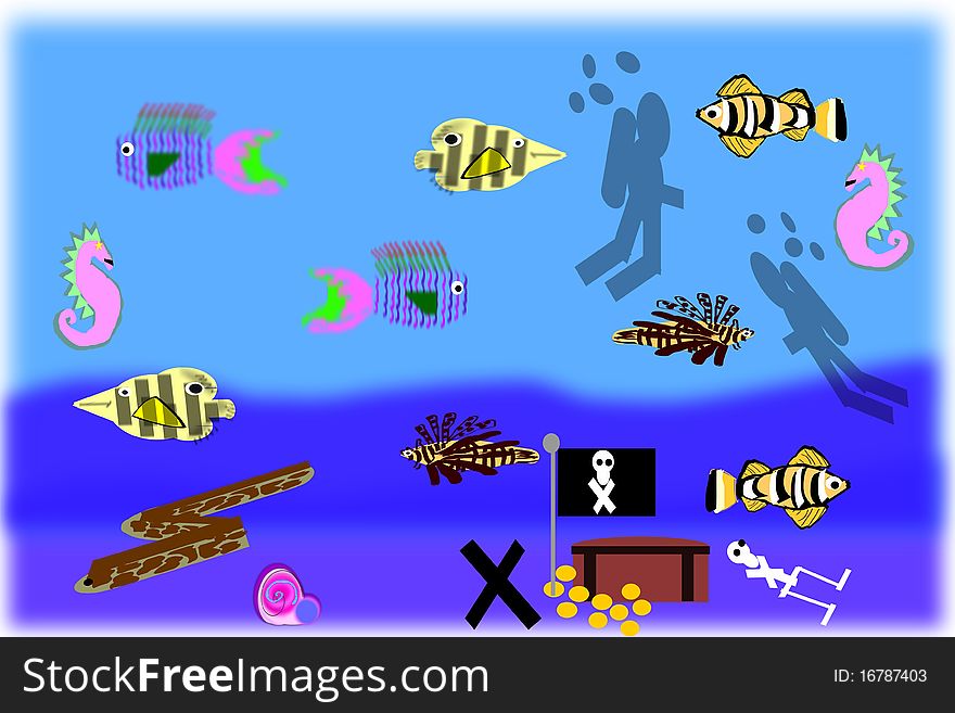 Assortment of fish, eal and other types of sea life, including a couple of divers.