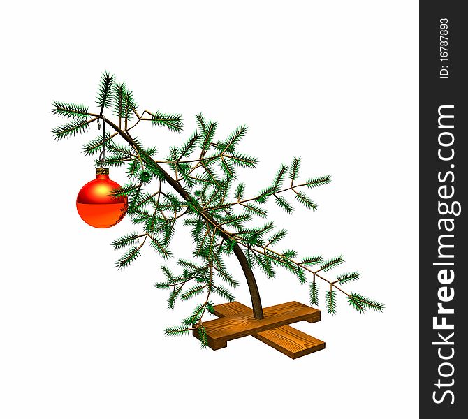 3D graphic illustration of a bent Christmas tree sapling with a single red tree ornament. 3D graphic illustration of a bent Christmas tree sapling with a single red tree ornament