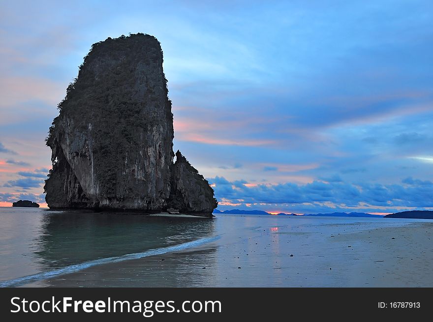 Sunset behind the island of krabi beach and the moment of twighlight