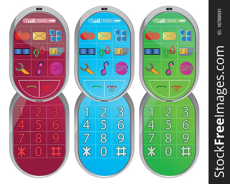 Three modern mobile phone in different colors