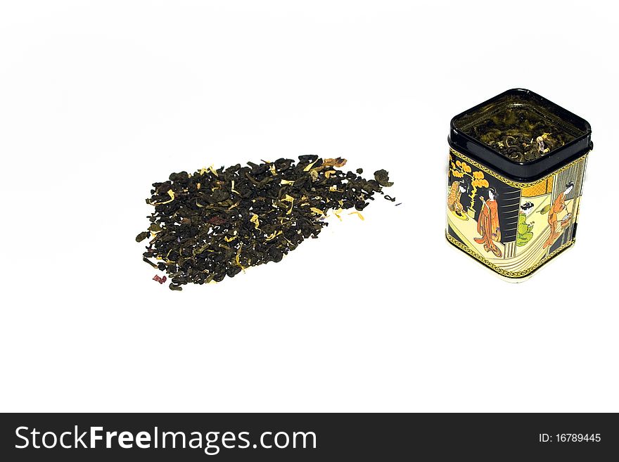 Green tea with citrus peels on a white background.