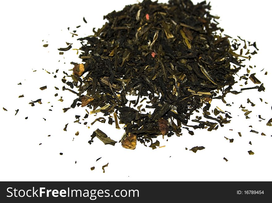 Green tea with citrus peels on a white background.