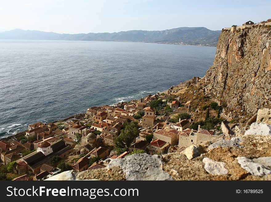 Old village of Monemvasia in front of the sea. Old village of Monemvasia in front of the sea