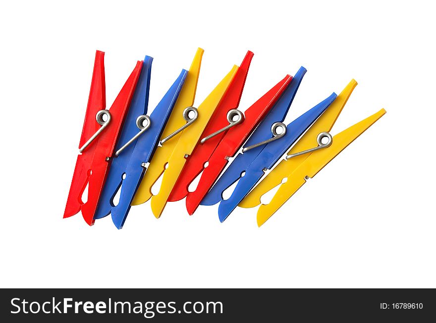 Set of motley clothespins isolated on white background with clipping path