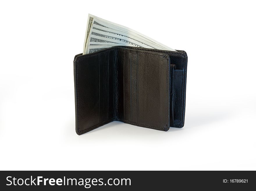 One dollar bank notes inside modern purse. Isolated on white with clipping path. One dollar bank notes inside modern purse. Isolated on white with clipping path