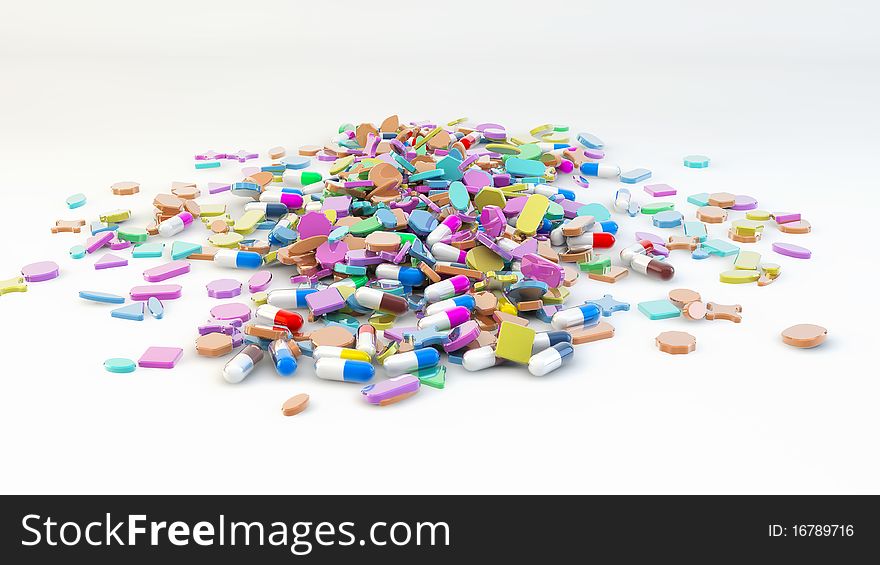 Colorful tablets with capsules and pills on a light background. Colorful tablets with capsules and pills on a light background