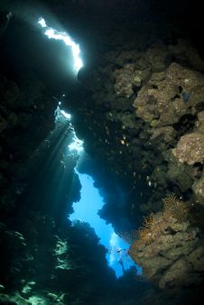 Sunlight Shining Through An Underwater Cave. Stock Photos