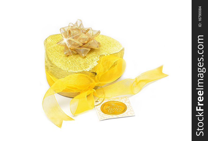 Gift box with gold ribbon on white background. Gift box with gold ribbon on white background