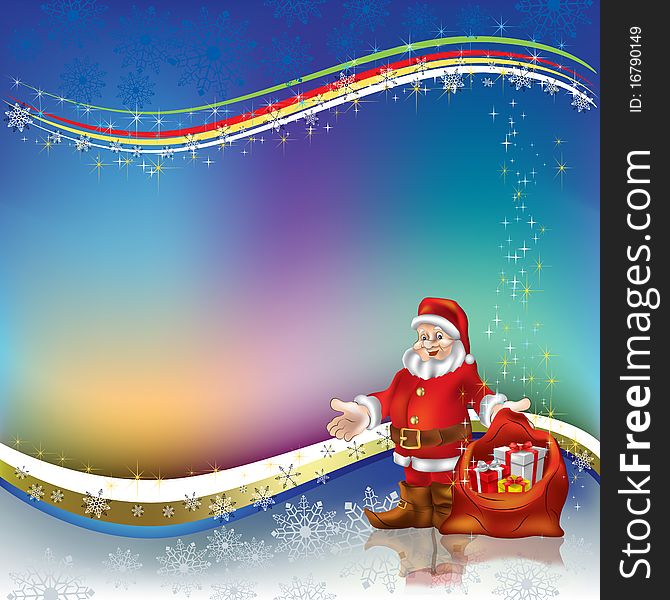 Christmas greeting Santa Claus with gifts on a colored background