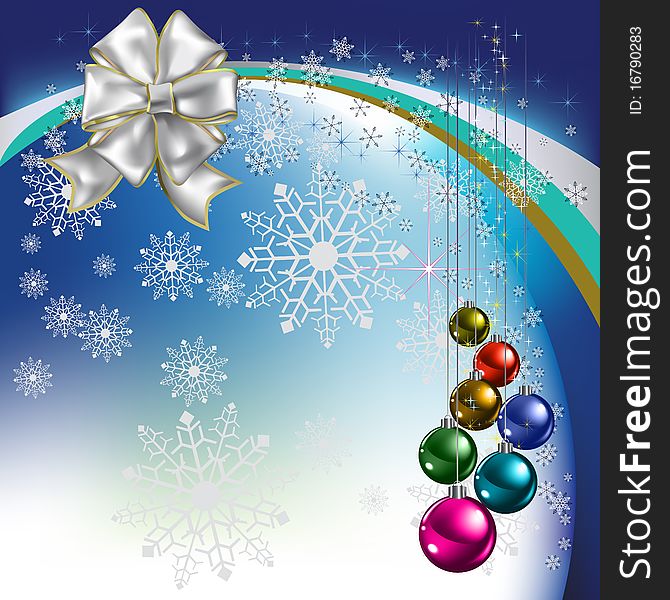 Christmas greeting with balls on blue background