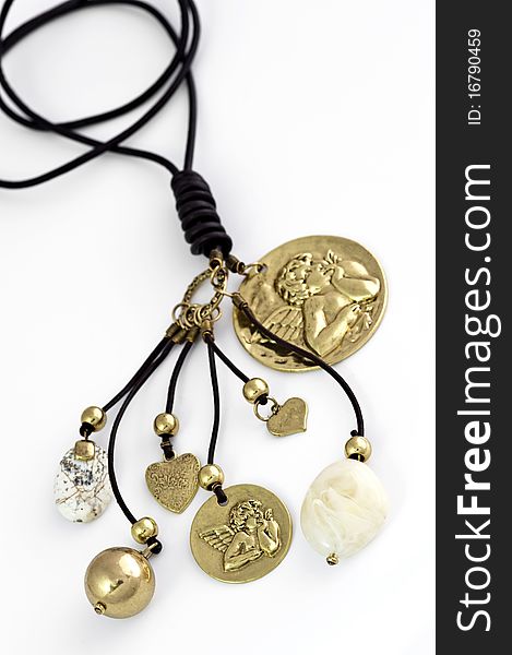 Necklace with golden pendants and stones. Necklace with golden pendants and stones