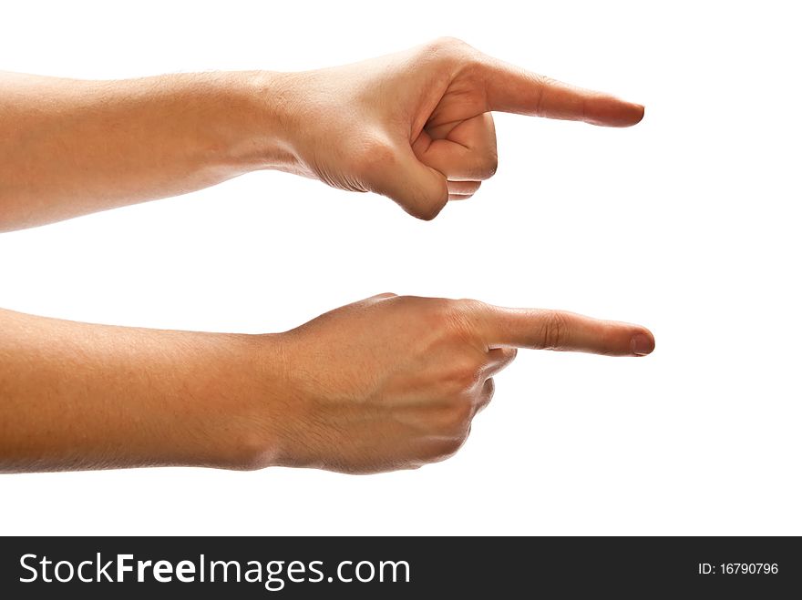 Man's hands pointing the direction to follow. White background. Man's hands pointing the direction to follow. White background.