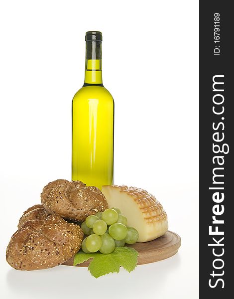 Wine cheese and bread,on white background. Wine cheese and bread,on white background.