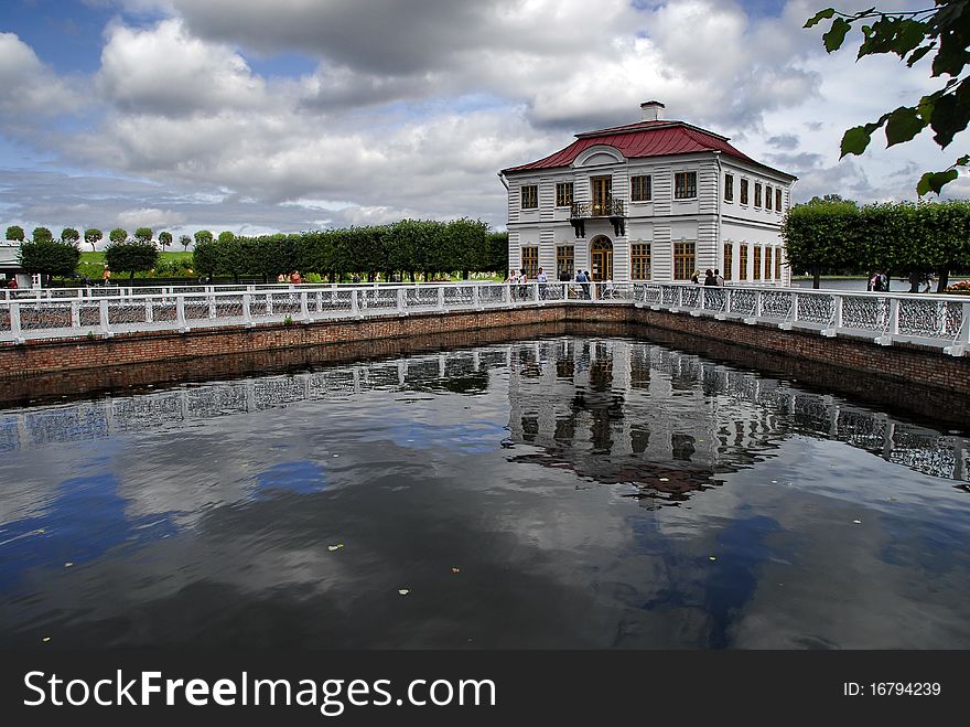 Beautiful palace style boathouse of Peter the Great, Peterhof, Russia