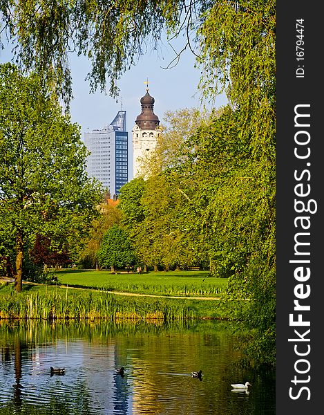 Beautiful view on new city hall and university tower in leipzig, germany