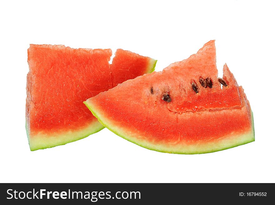 Two Slices Of Red Watermelon On White background