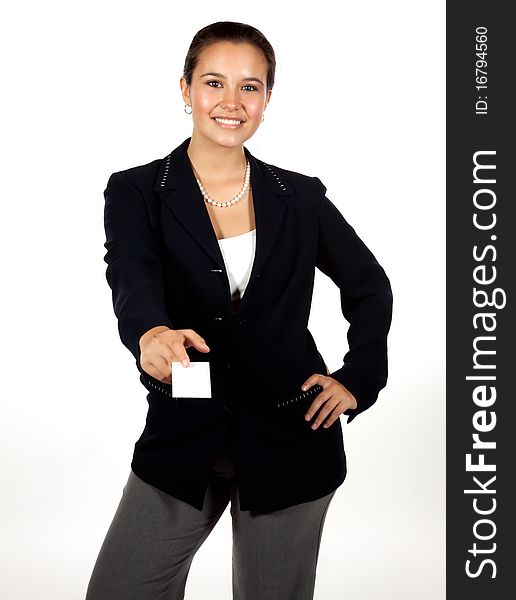 Young Hispanic woman holding a blank business card