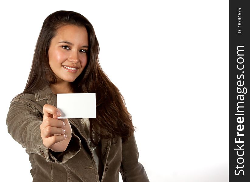Young, beautiful hispanic female, with long hair, holding a blank business card. Young, beautiful hispanic female, with long hair, holding a blank business card.