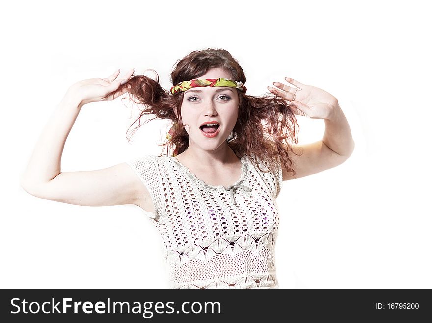 Young surprised woman reaction with hands open wide on white background