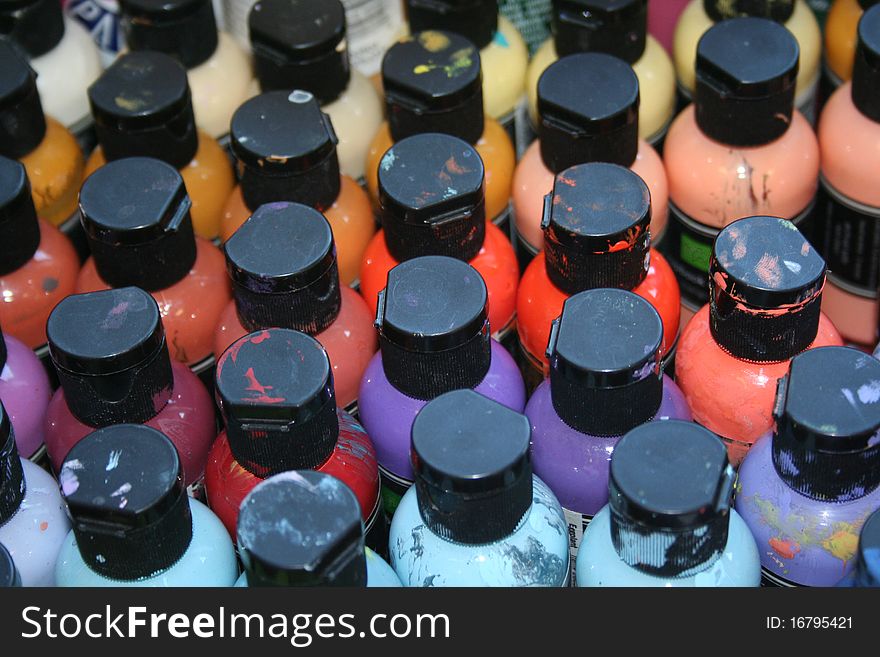 Bottles of colorful paint for arts and crafts classes. Bottles of colorful paint for arts and crafts classes
