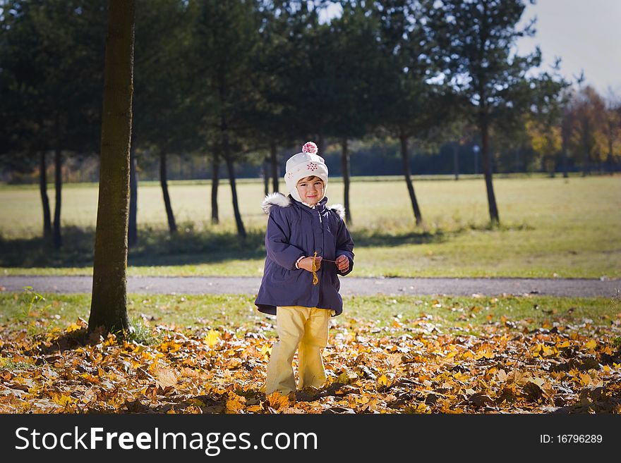 Little girl standing in the autumn park