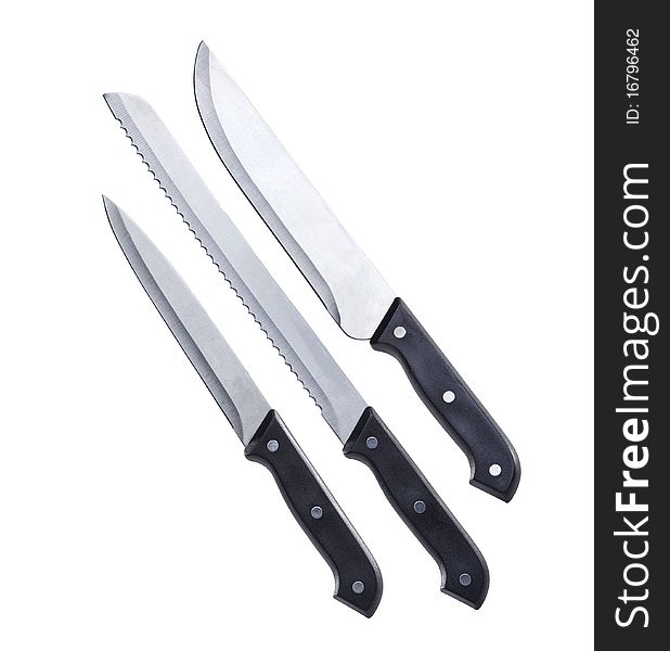 Still life composition: set of three knives on white background. Still life composition: set of three knives on white background