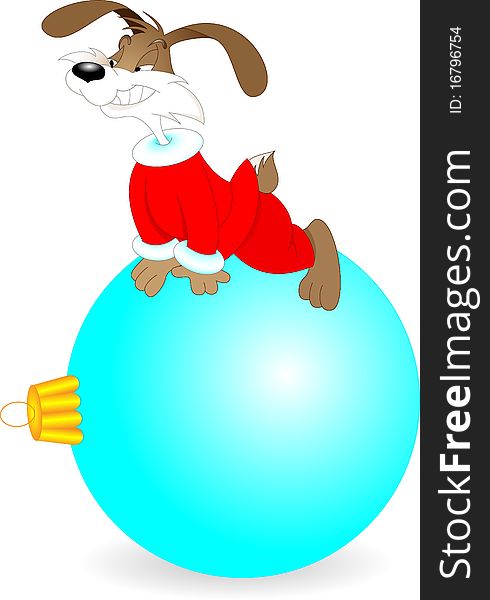 Rabbit in a red dress lying on a blue Christmas tree ball. Vector image.