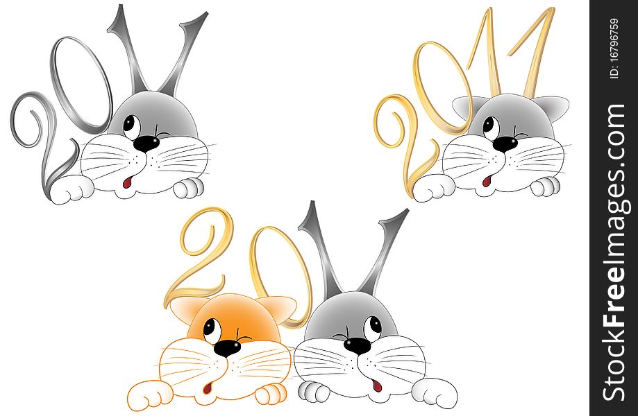 Three images of a rabbit and a cat with the numbers 2011. Vector image. Three images of a rabbit and a cat with the numbers 2011. Vector image.