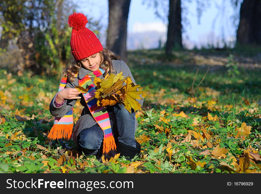 Little Miss. Pretty cute girl walks in autumn park