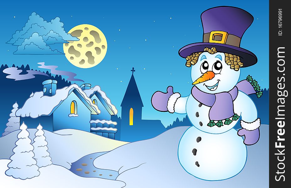 Snowman near small village - illustration.