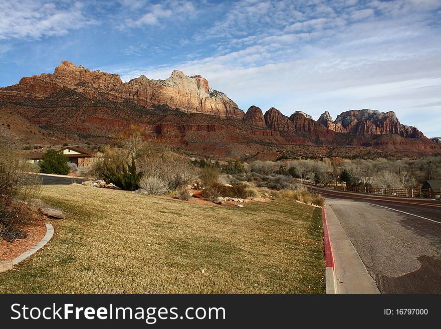 Zion National Park in winter from the road, Utah, USA. Zion National Park in winter from the road, Utah, USA