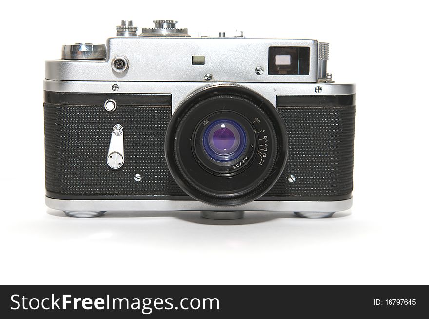 Old model of photo camera on white background. Old model of photo camera on white background